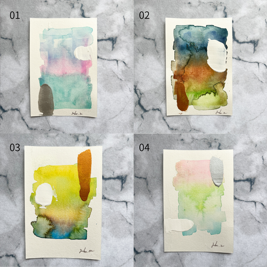 「光の記憶」シリーズの水彩抽象画、作品番号1〜4のグリッド表示 | Yuka Mitsufuji(光藤有佳) | Flowing time postcard-size watercolor abstract painting series, grid showing pieces numbered 1 to 4 | by Yuka Mitsufuji