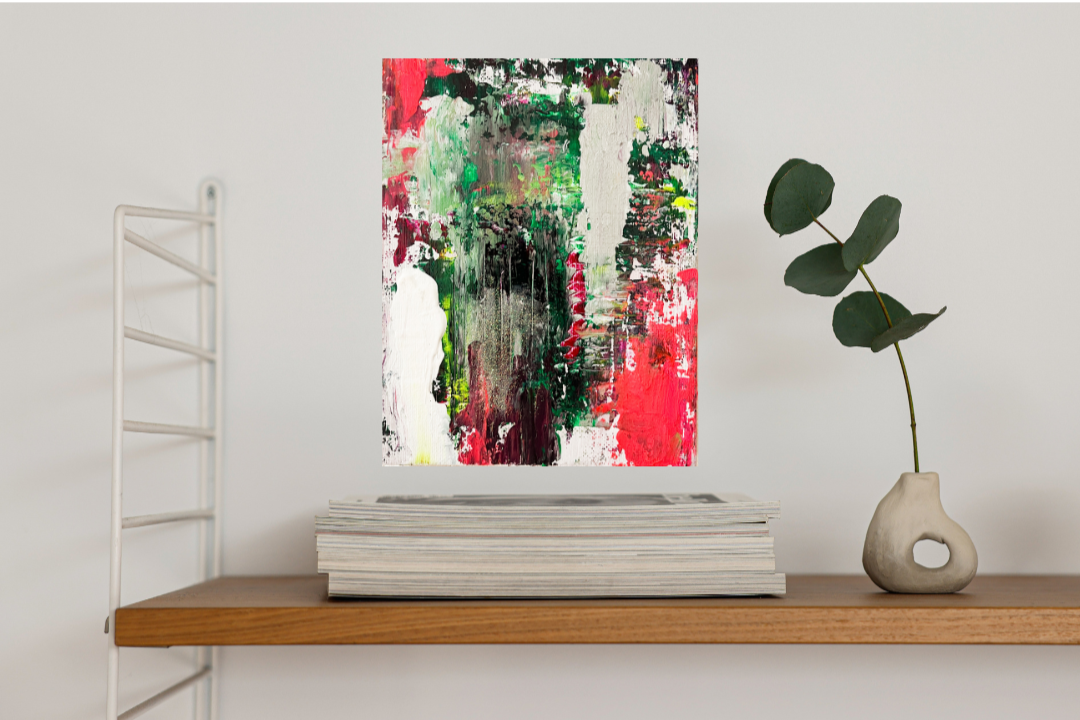 緑と赤の抽象画 0号アクリル画 「動的調和 01」| Abstract Acrylic Painting Green & Red Textured – Dynamic Harmony 01
