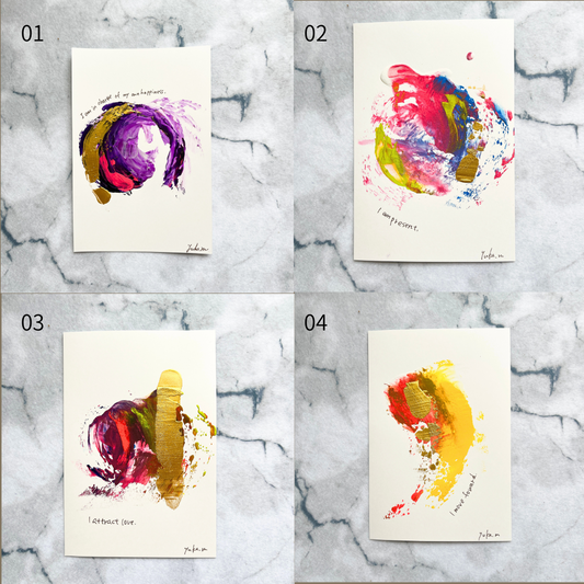 Yuka Mitsufuji(光藤有佳)によるハガキサイズのアクリル抽象画「色の記憶」全4種類をグリッド表示したイメージ | Grid view showing all 4 postcard-size acrylic abstract paintings "Memories of color" by Yuka Mitsufuji.