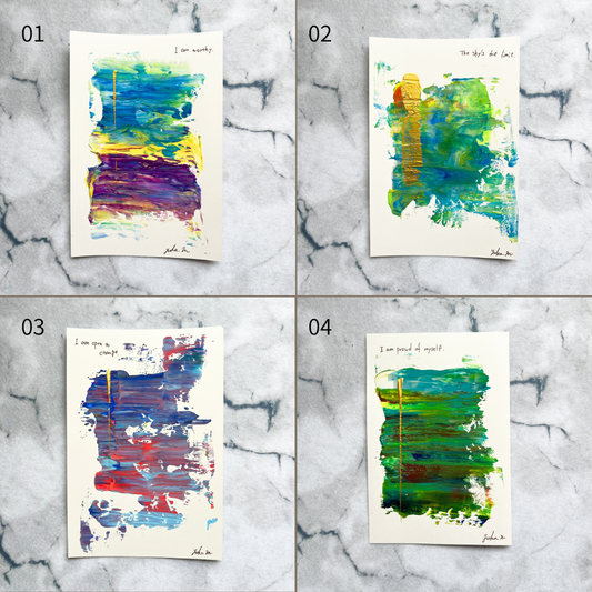 Yuka Mitsufuji(光藤有佳)によるハガキサイズのアクリル抽象画「森の記憶」全4種類をグリッド表示したイメージ | Grid view showing all 4 postcard-size acrylic abstract paintings "Memories of forest" by Yuka Mitsufuji.