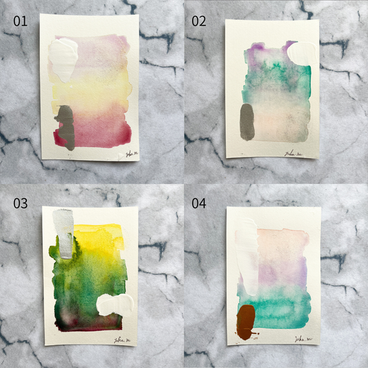 Yuka Mitsufuji(光藤有佳)によるハガキサイズ水彩抽象画「さざなみの音」。4枚の作品が並ぶ表紙画像と、各作品をグリッド表示した中身。 | Postcard-size watercolor abstract painting "Sounds of ripples" by Yuka Mitsufuji, showing the cover with all 4 pieces and grid view of each piece.