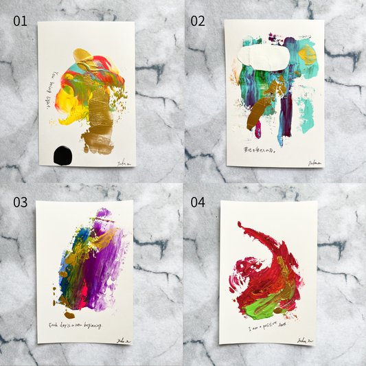 Yuka Mitsufuji(光藤有佳)によるハガキサイズのアクリル抽象画「海の記憶」全5種類をグリッド表示したイメージ | Grid view showing all 5 postcard-size acrylic abstract paintings "Memories of sea" by Yuka Mitsufuji.