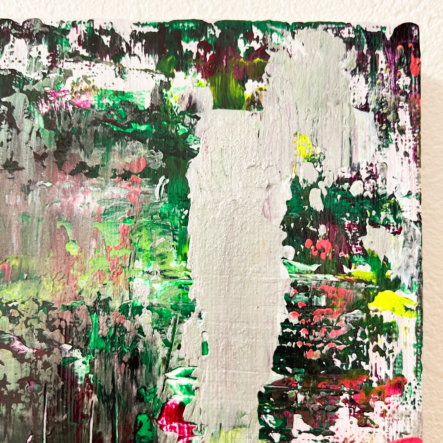 緑と赤の抽象画 0号アクリル画 「動的調和 01」| Abstract Acrylic Painting Green & Red Textured – Dynamic Harmony 01