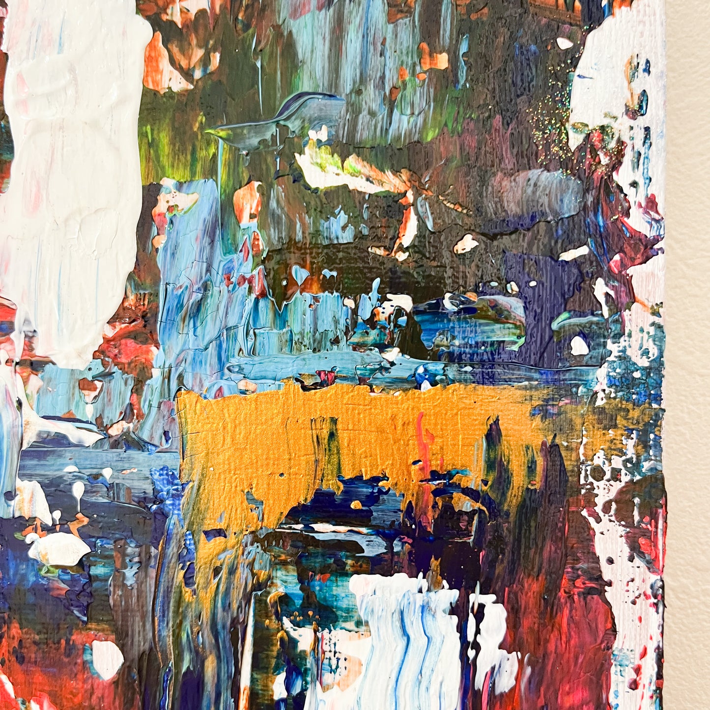 赤と青の抽象画 0号アクリル画 テクスチャー 「動的調和 02」 | Abstract Acrylic Painting Red & Blue Textured – Dynamic Harmony 02