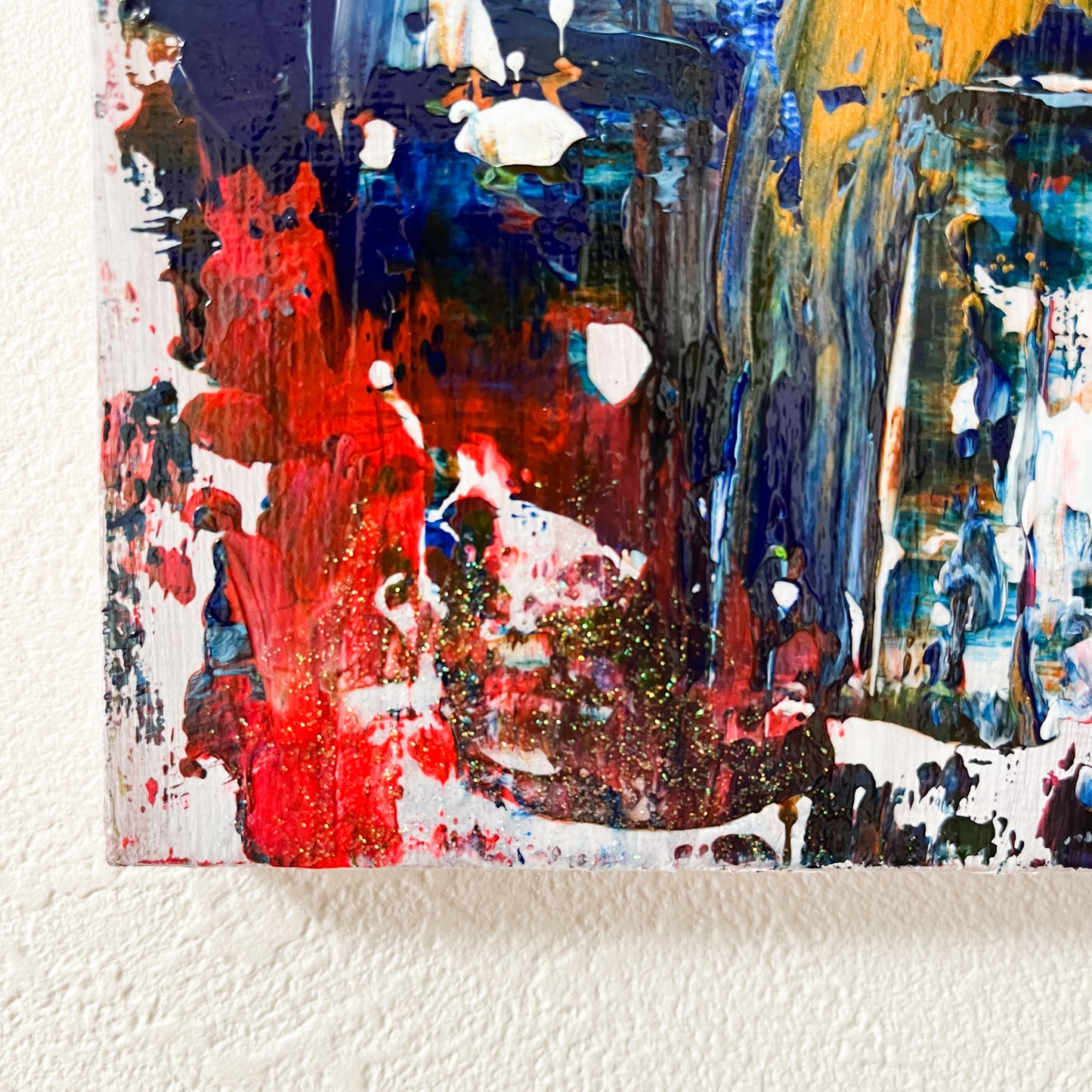 赤と青の抽象画 0号アクリル画 テクスチャー 「動的調和 02」 | Abstract Acrylic Painting Red & Blue Textured – Dynamic Harmony 02