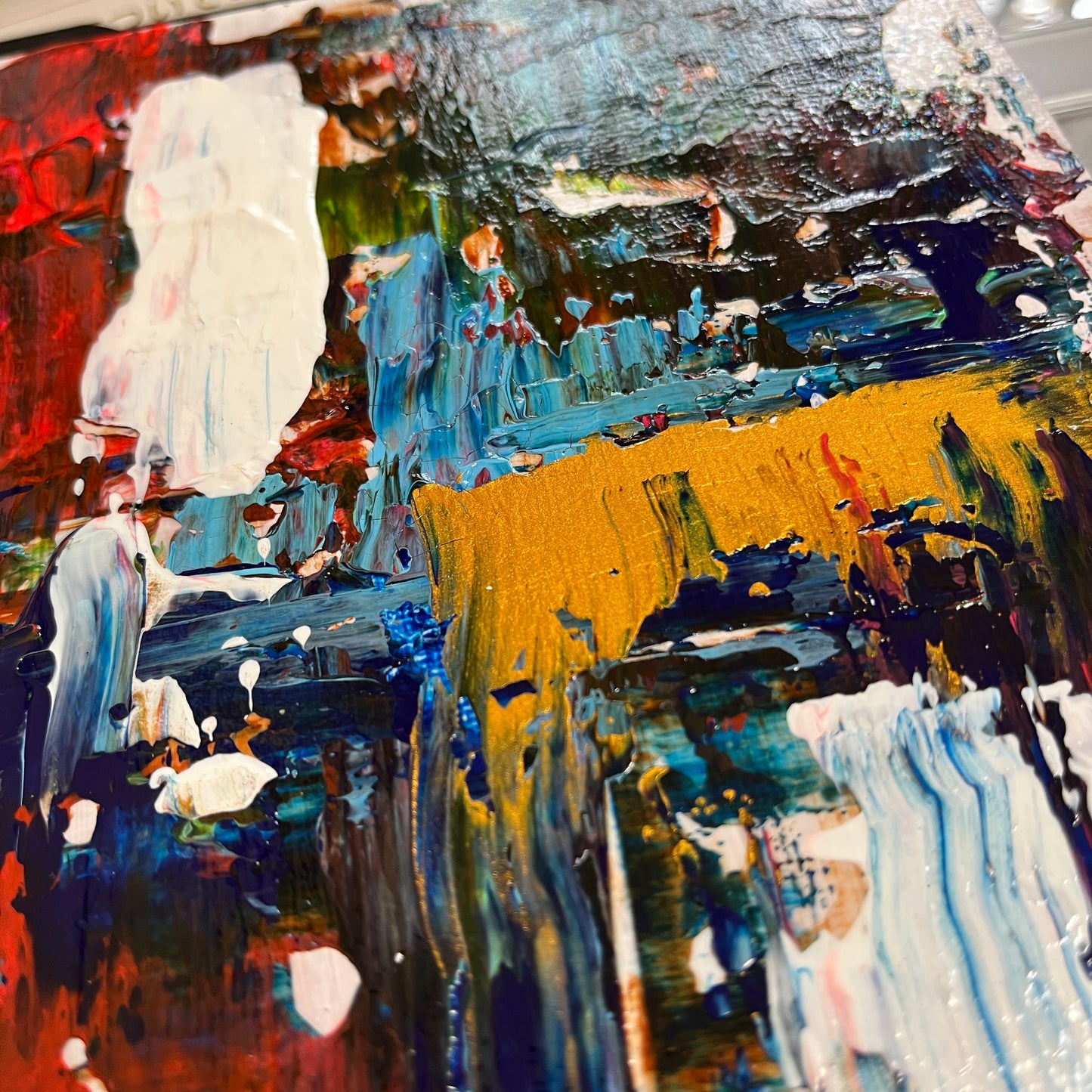 赤と青の抽象画 0号アクリル画 テクスチャー 「動的調和 02」 | Abstract Acrylic Painting Red & Blue Textured – Dynamic Harmony 02
