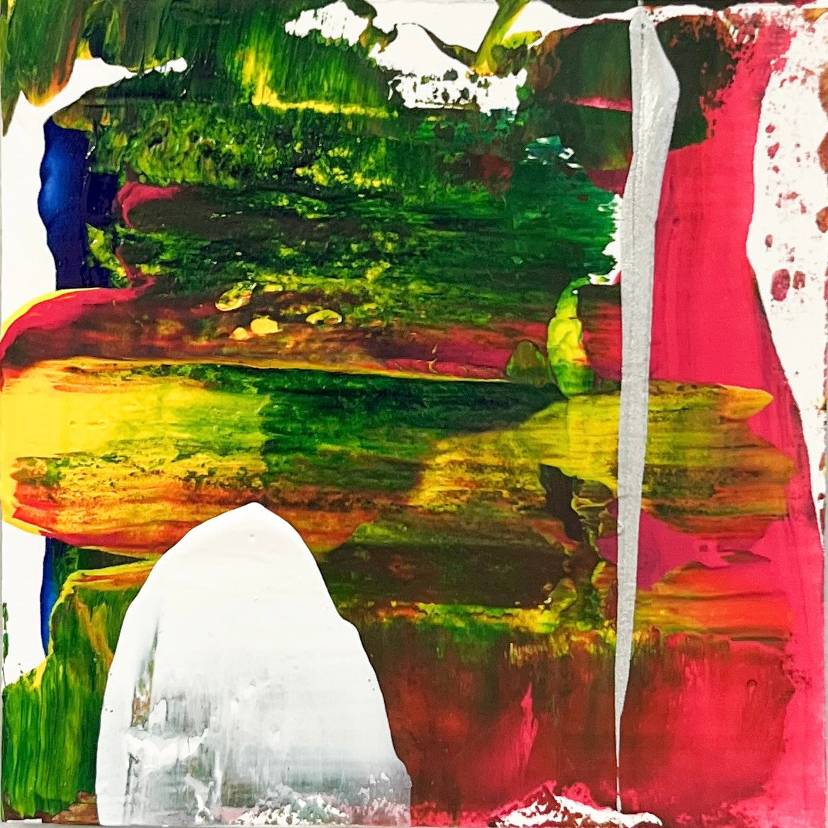 Yuka Mitsufujiの小さな抽象画のディテール / Close-up of a small abstract painting by Yuka Mitsufuji, showing texture and color details