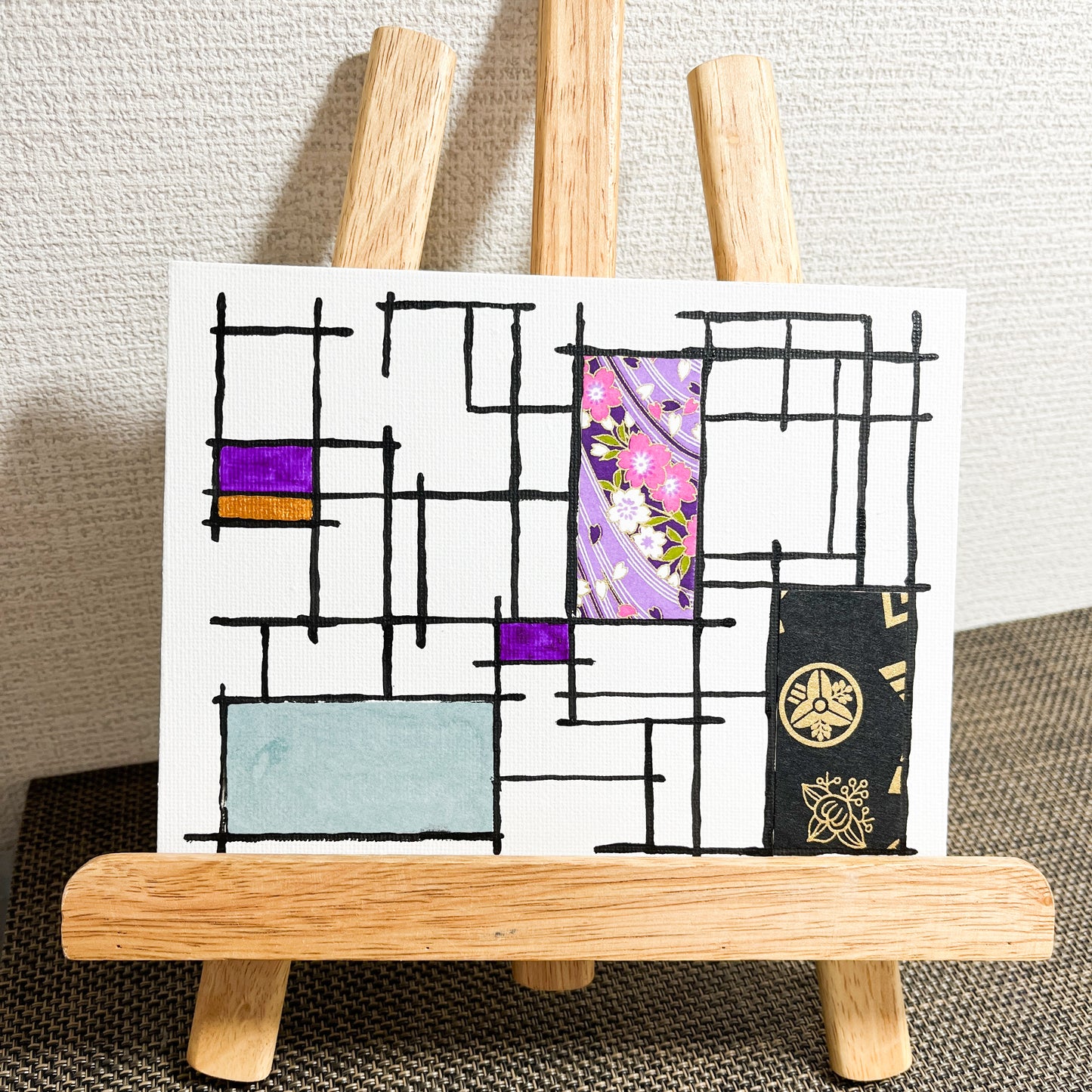 【注目の作品】邂逅 05 アクリル絵具と千代紙のコラージュ 0号 | Washi Collage 05 – Mondrian Touch [Free Shippin