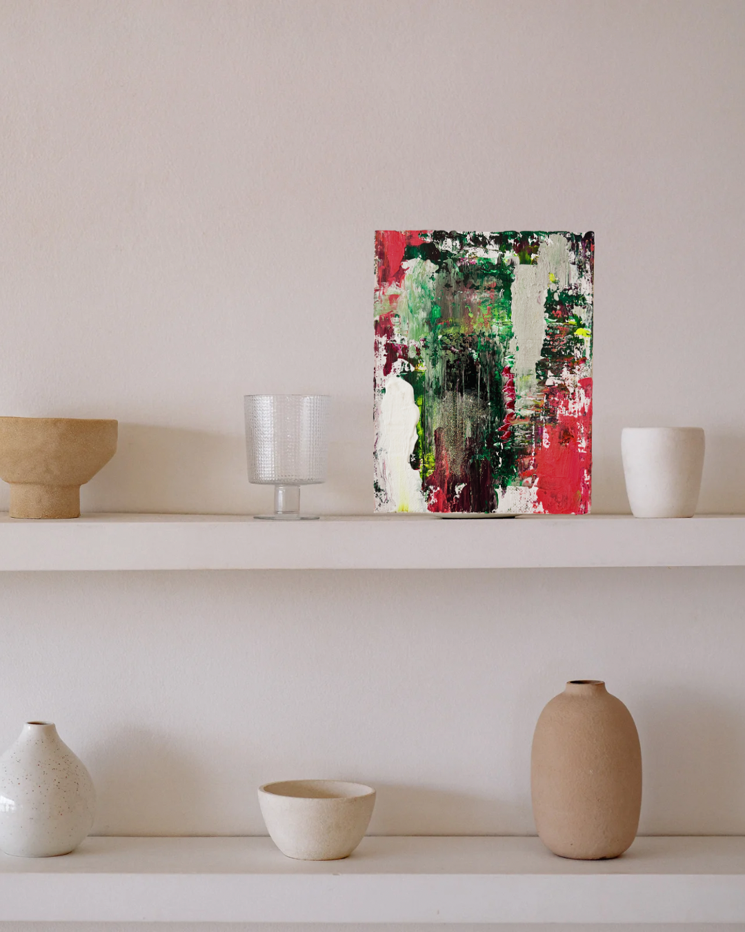 綠色與紅色抽象丙烯畫《動態和諧01》