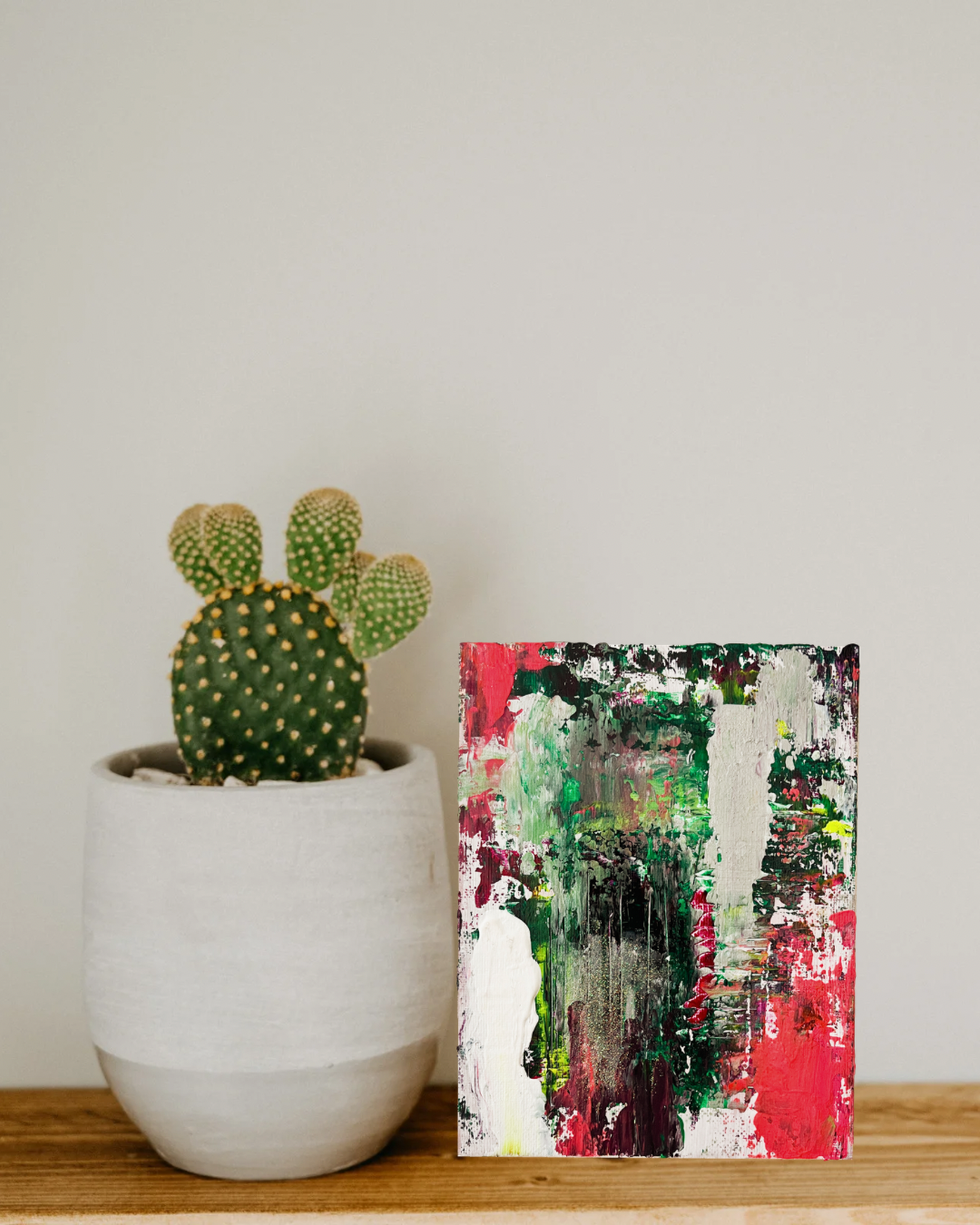 綠色與紅色抽象丙烯畫《動態和諧01》