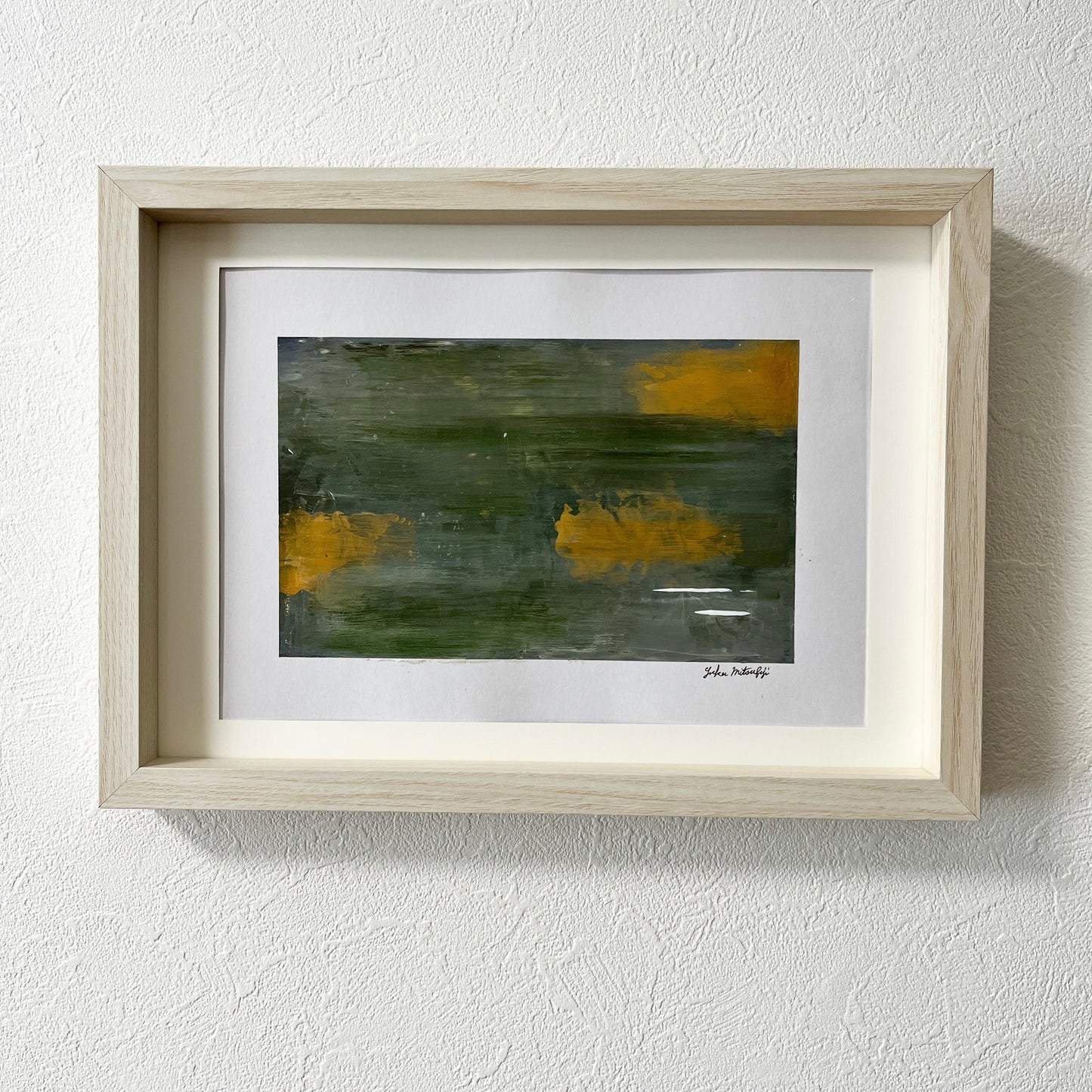 Soft-toned abstract painting by Yuka Mitsufuji（光藤有佳による「あわい」グリーン 緑 額付き)