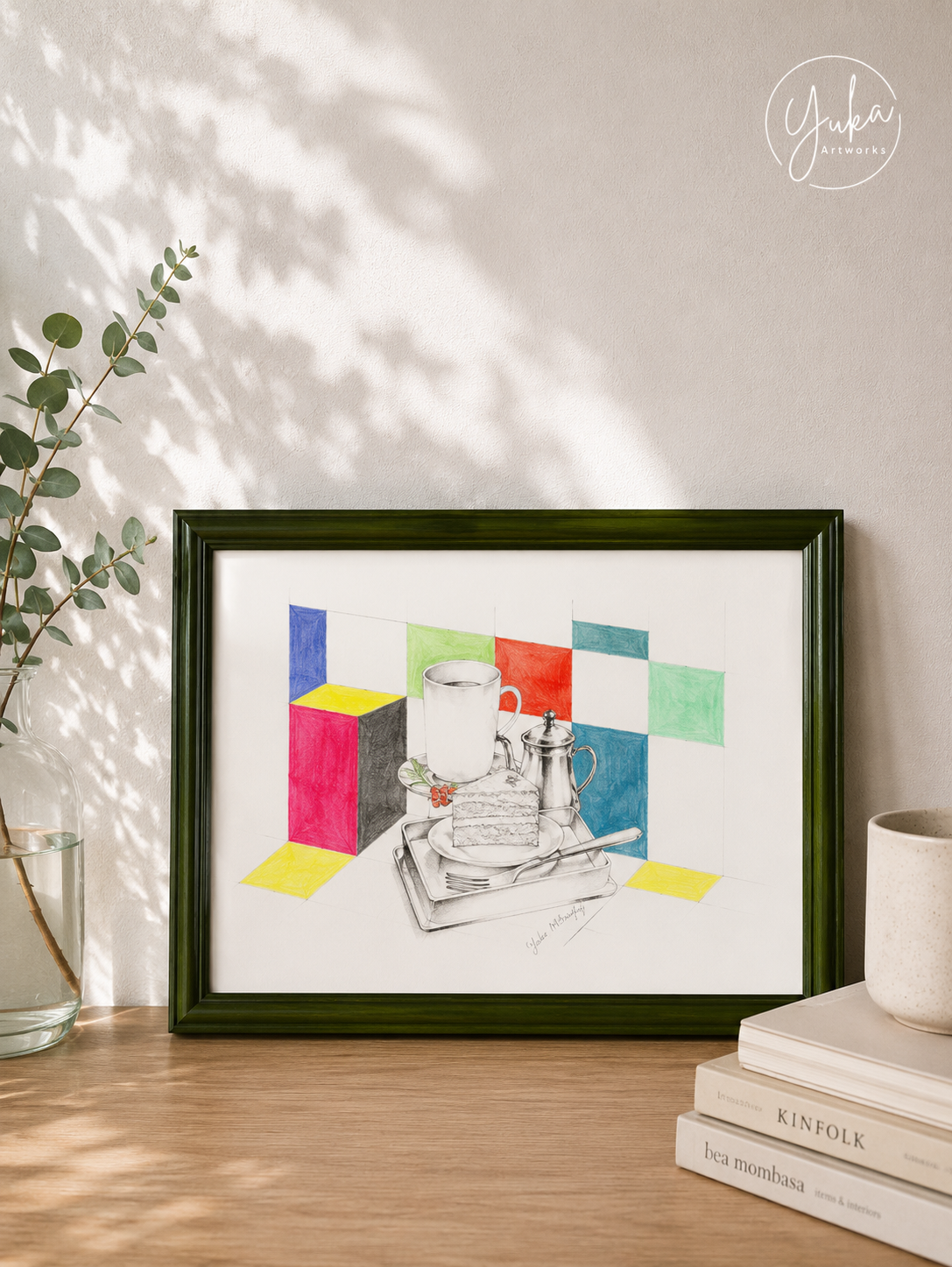 「さあ、召し上がれ」 F4 静物画 鉛筆＋アクリル画   額縁入りアート
