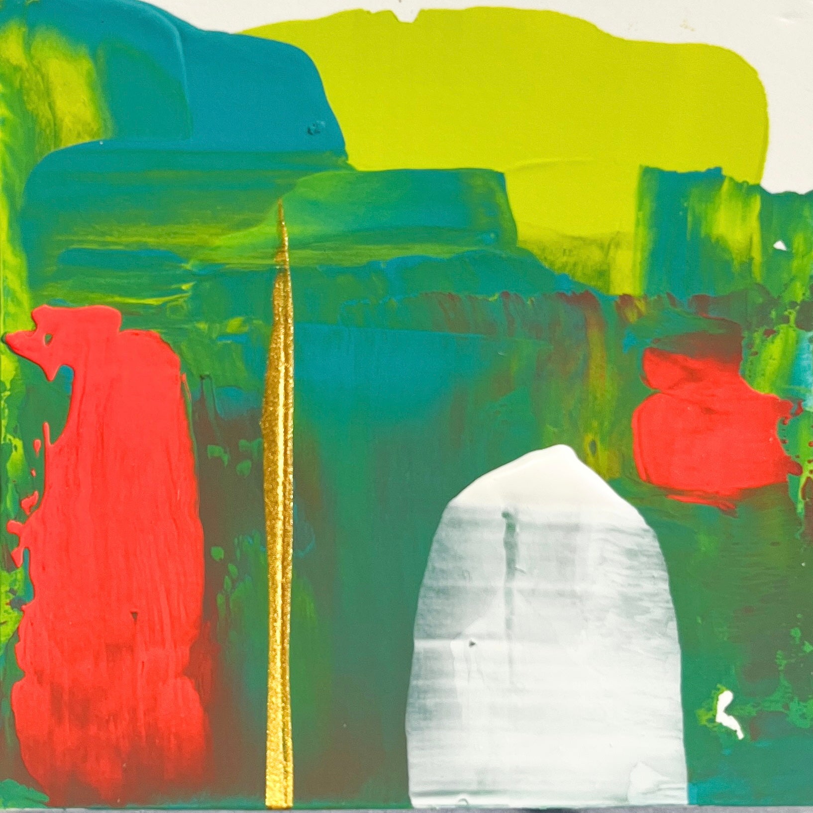 Yuka Mitsufuji（ミツフジユカ）の小さな抽象画のディテール / Close-up of a small abstract painting by Yuka Mitsufuji, showing texture and color details