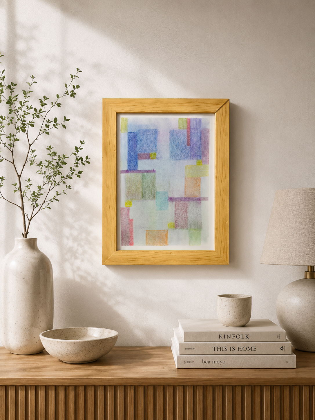 Soft-toned abstract painting by Yuka Mitsufuji（光藤有佳によるコンテパステルの抽象画 額縁付き)