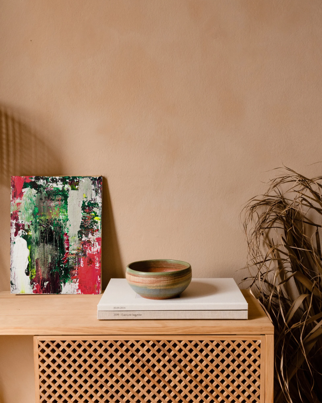 綠色與紅色抽象丙烯畫《動態和諧01》