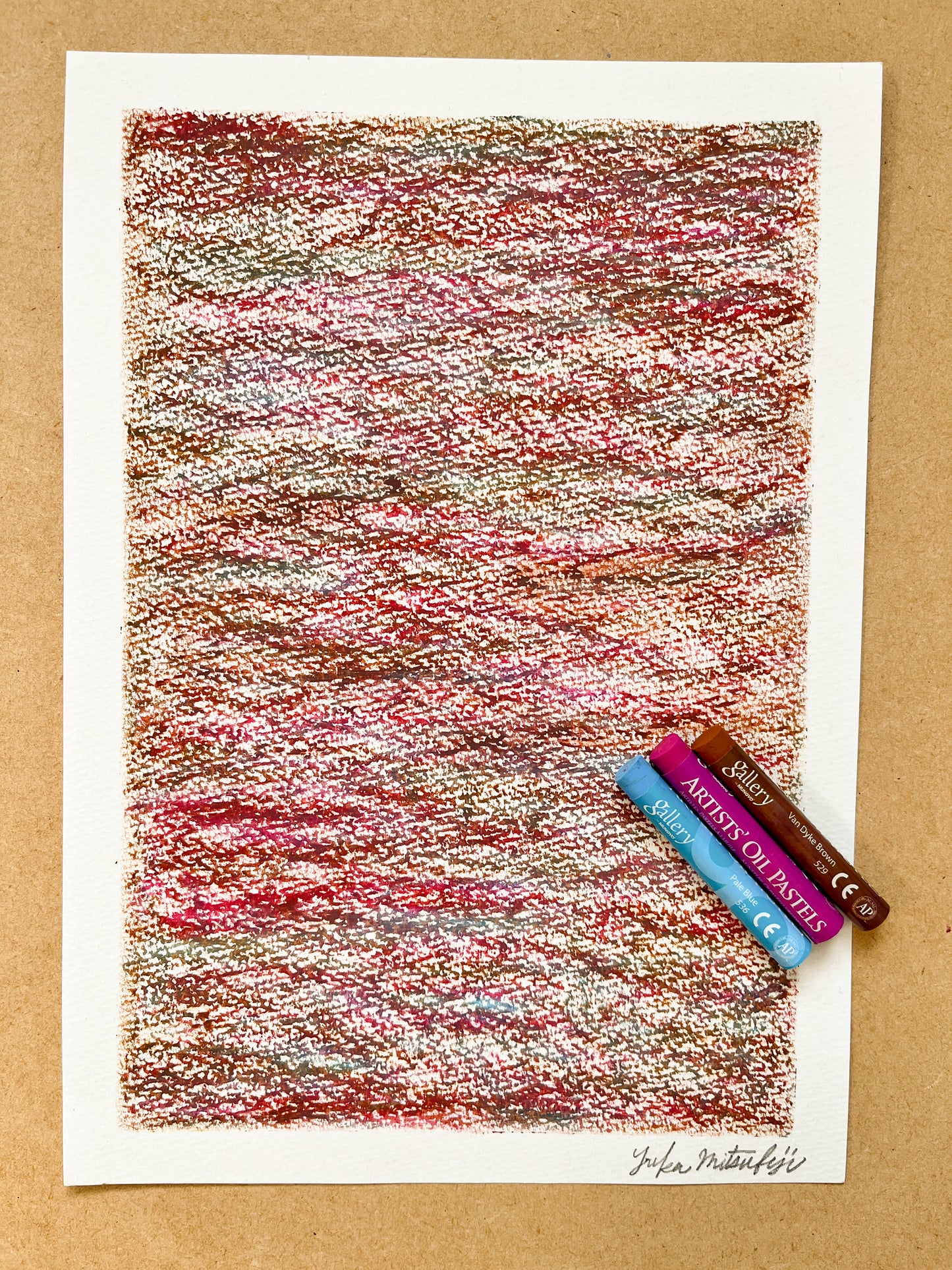 「メランジの世界#01  紅」オイルパステル 抽象画 B5サイズ