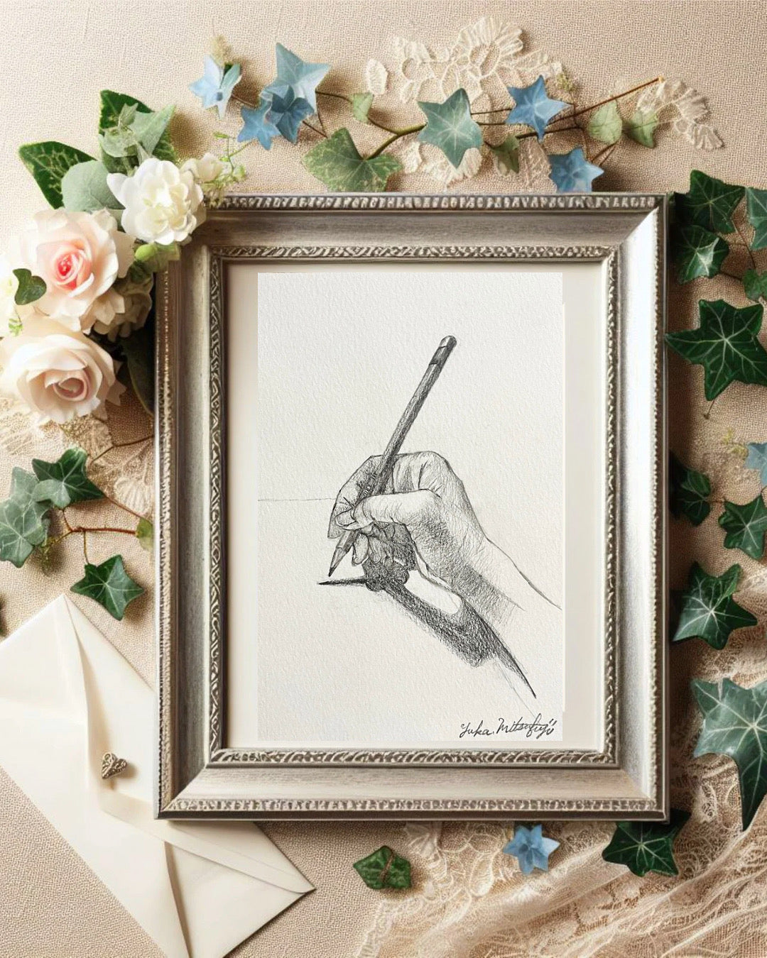 写実 鉛筆画 鉛筆を握る右手 SM水彩紙 | The right hand holding a pencil [Free Shipping]