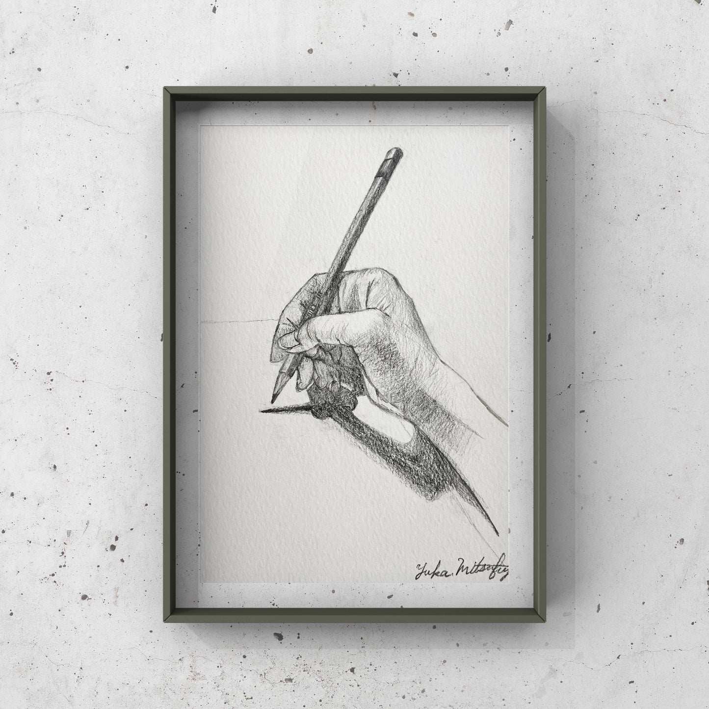 Realistic pencil drawing "Right hand holding a pencil" SM size, high-quality watercolor paper