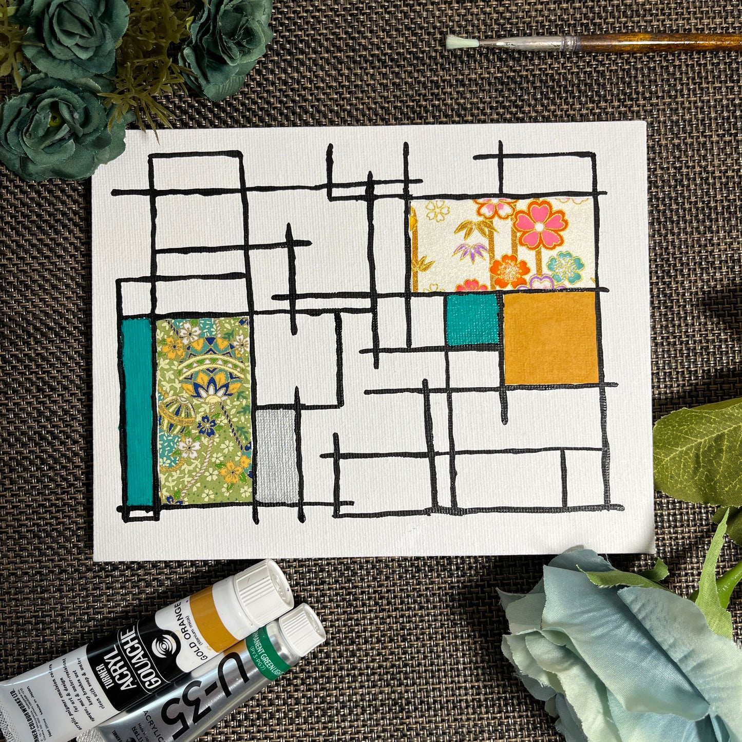 【注目の作品】邂逅 03 アクリル絵具と千代紙のコラージュ 0号 | Washi Collage 03 – Mondrian Touch [Free Shipping]