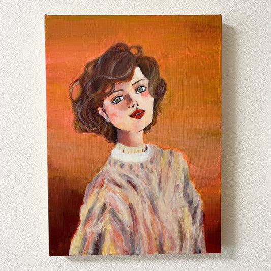 アクリル画 ニットを着た女性 肖像画（F4 加筆複製画）/ Woman in a Knit Sweater (Embellished Print)