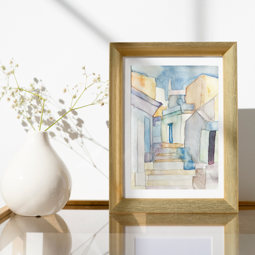 ミツフジユカ（光藤有佳）｜印刷したヨーロッパの街並みをモチーフにしたキュビズム風抽象風景のディスプレイサンプル / Yuka Mitsufuji | Display sample of the printed cubist abstract European streetscape artwork (Watercolor)
