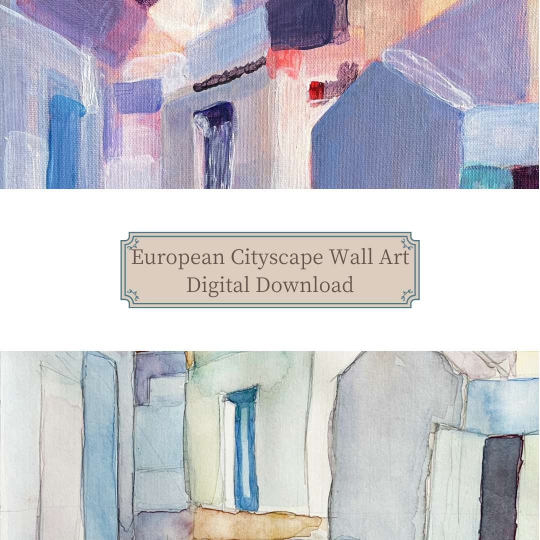 ミツフジユカ（光藤有佳）｜ヨーロッパの街並みをモチーフにしたキュビズム風抽象風景のプリンタブルデジタルアート（A4） / Yuka Mitsufuji | Printable cubist abstract European streetscape A4 digital download artwork