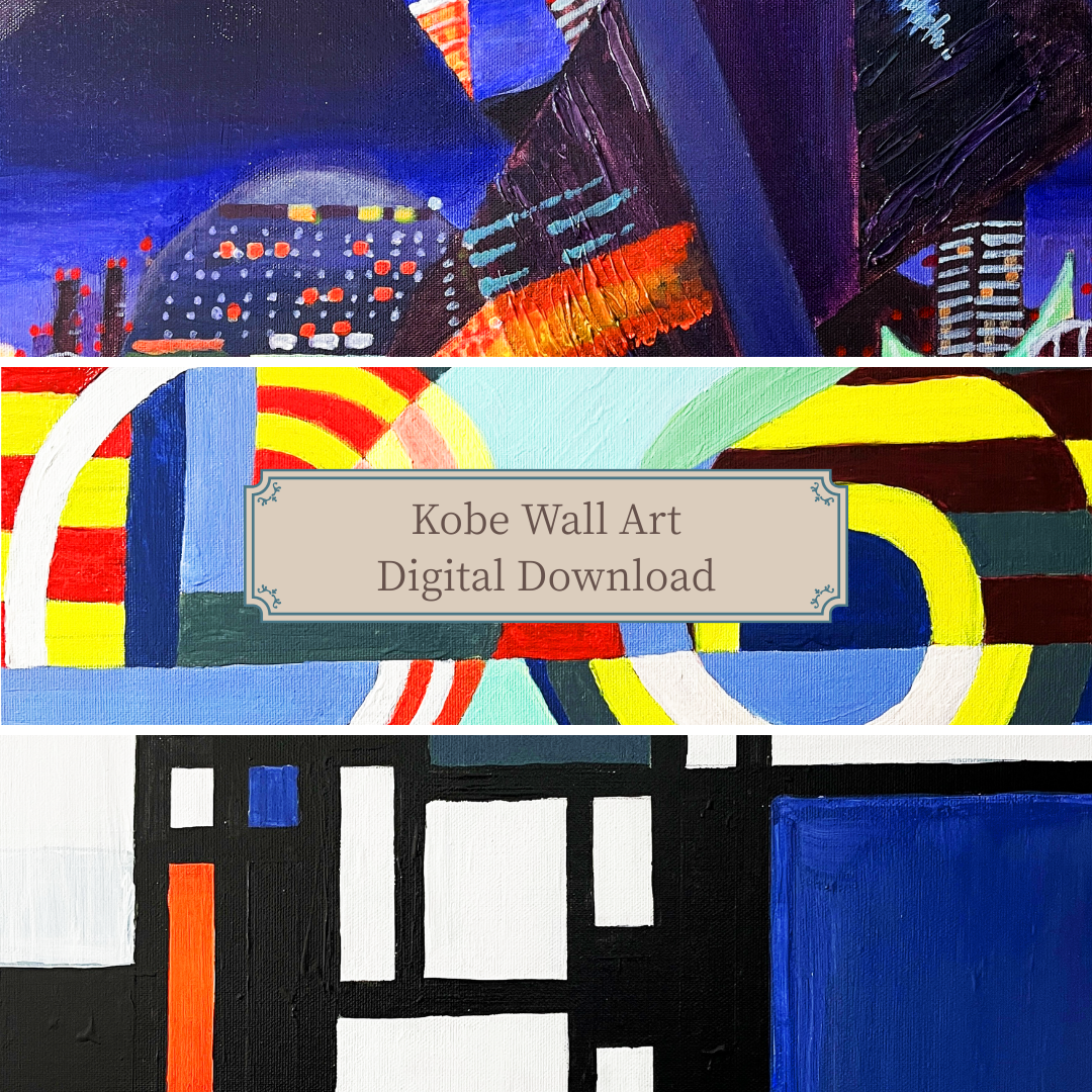 ミツフジユカ（光藤有佳）｜神戸をモチーフにしたキュビズム風抽象風景の三部作プリンタブルデジタルアート（A4） / Yuka Mitsufuji | Printable cubist abstract landscape triptych inspired by Kobe, Japan, A4 digital download artwork
