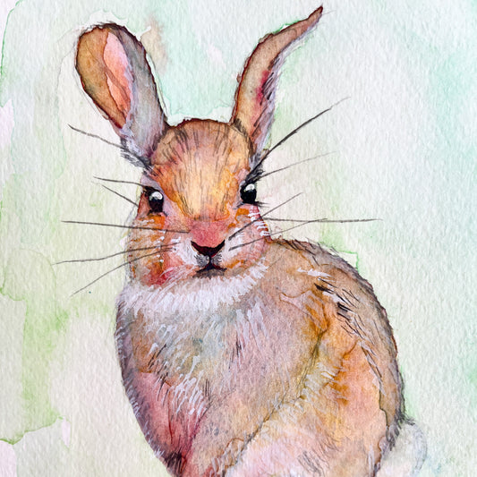 Yuka Mitsufuji（ミツフジユカ）による野うさぎの水彩画。透明水彩絵の具を使用。プロ専用紙による紙の風合いも美しい。