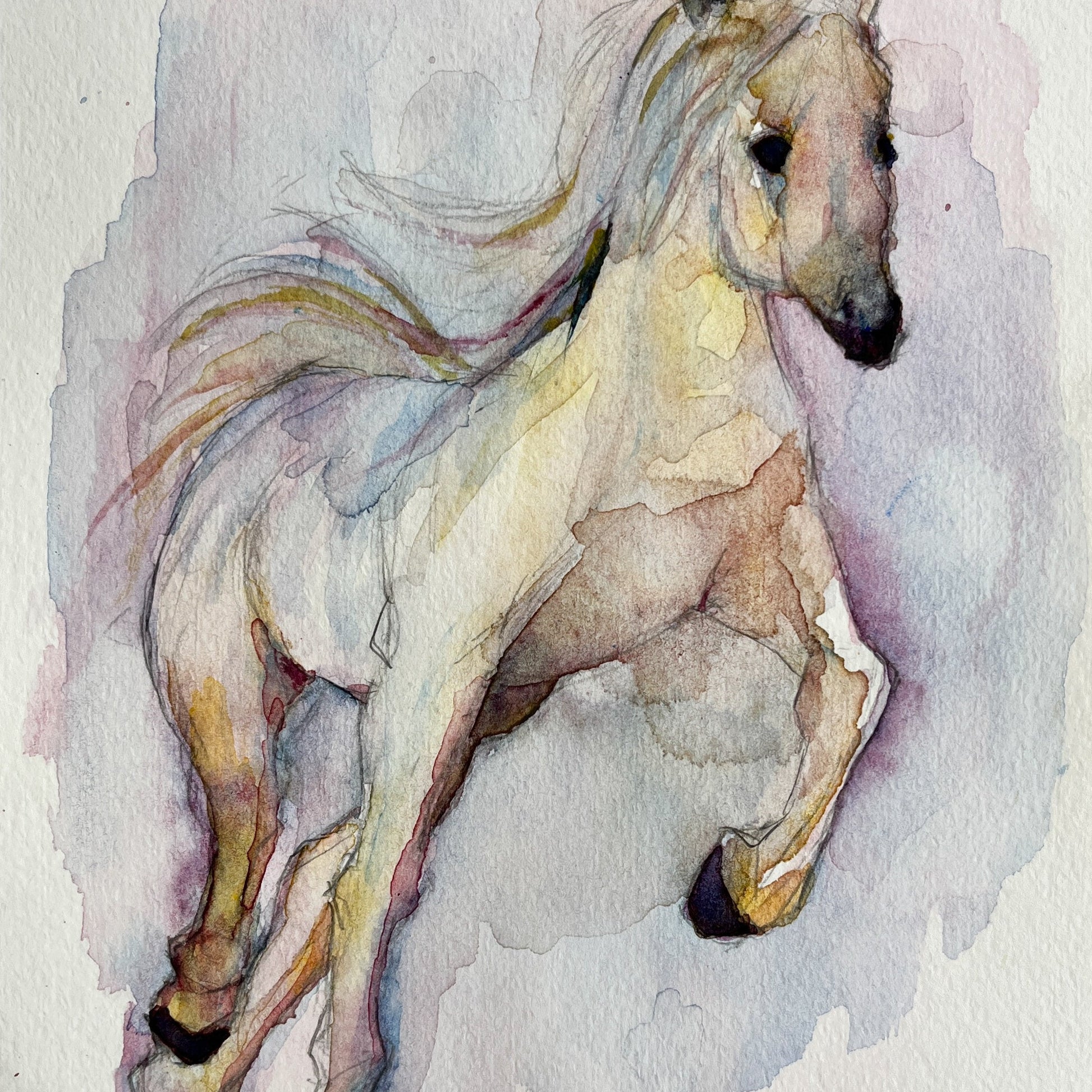 Yuka Mitsufuji（ミツフジユカ）による走る馬の水彩画。透明水彩絵の具によるグラデーションが美しい。手軽なSMサイズでインテリアに合う。高級水彩紙を使用。