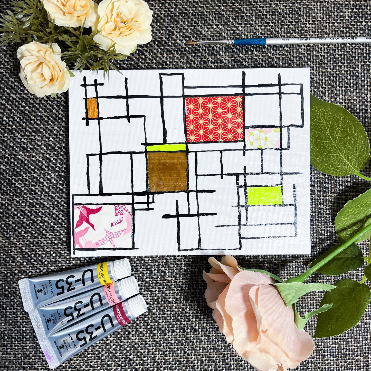 【注目の作品】邂逅 01 アクリル絵具と千代紙のコラージュ 0号 | Washi Collage 01 – Mondrian Touch [Free Shipping]