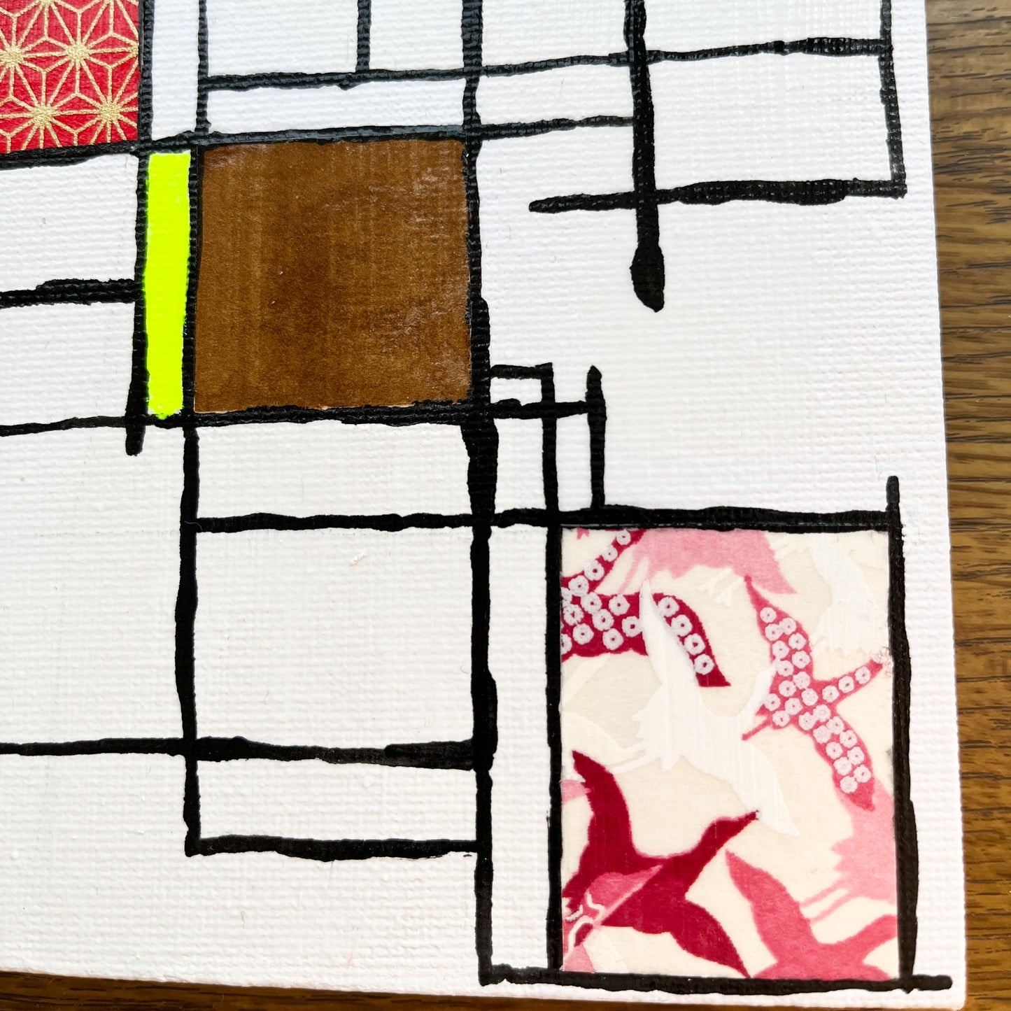 【注目の作品】邂逅 01 アクリル絵具と千代紙のコラージュ 0号 | Washi Collage 01 – Mondrian Touch [Free Shipping]