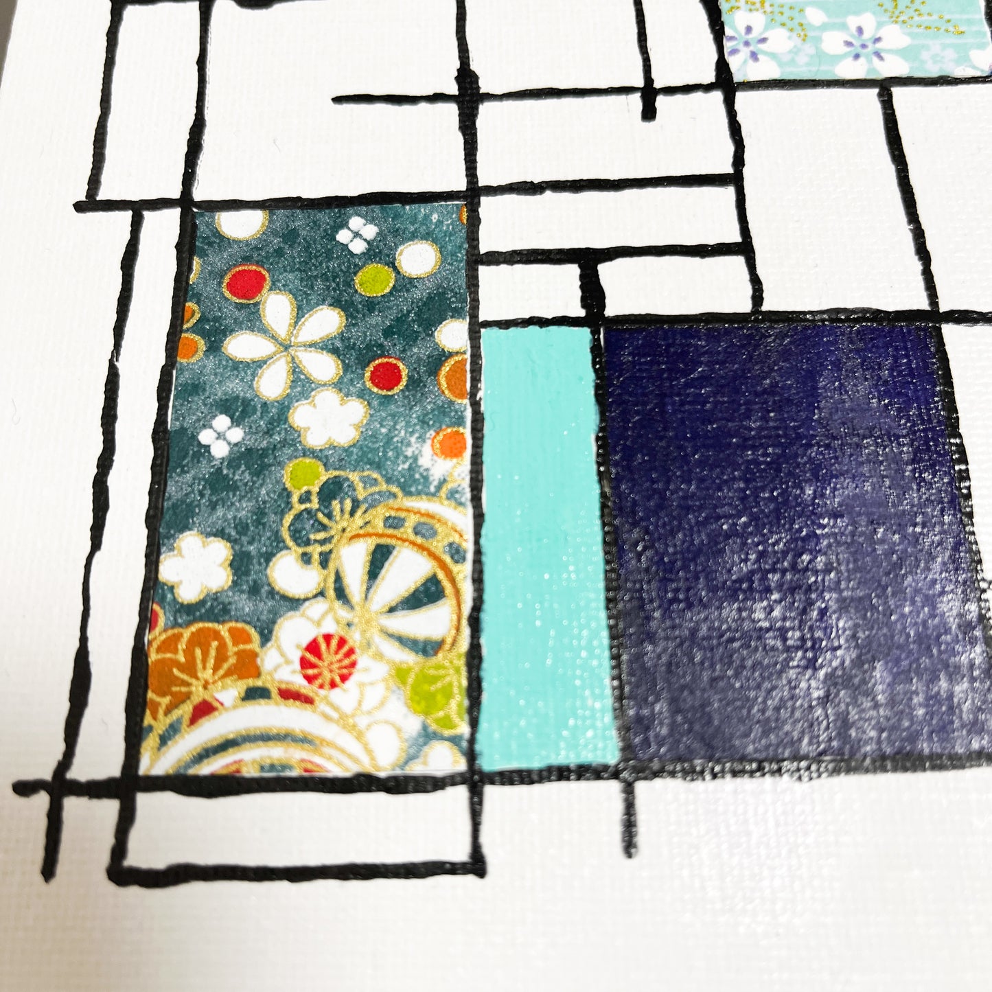 【注目の作品】邂逅 02 アクリル絵具と千代紙のコラージュ 0号 | Washi Collage 02 – Mondrian Touch [Free Shipping]