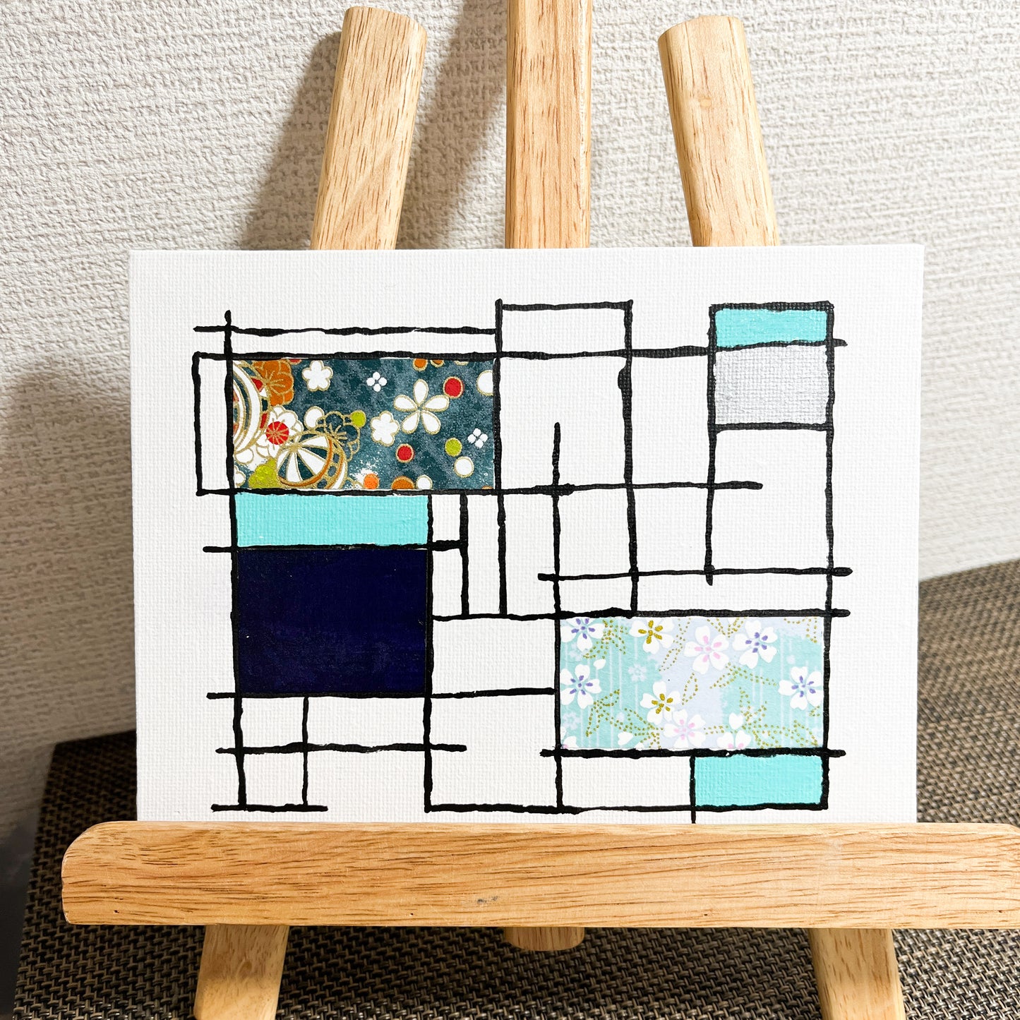 【注目の作品】邂逅 02 アクリル絵具と千代紙のコラージュ 0号 | Washi Collage 02 – Mondrian Touch [Free Shipping]