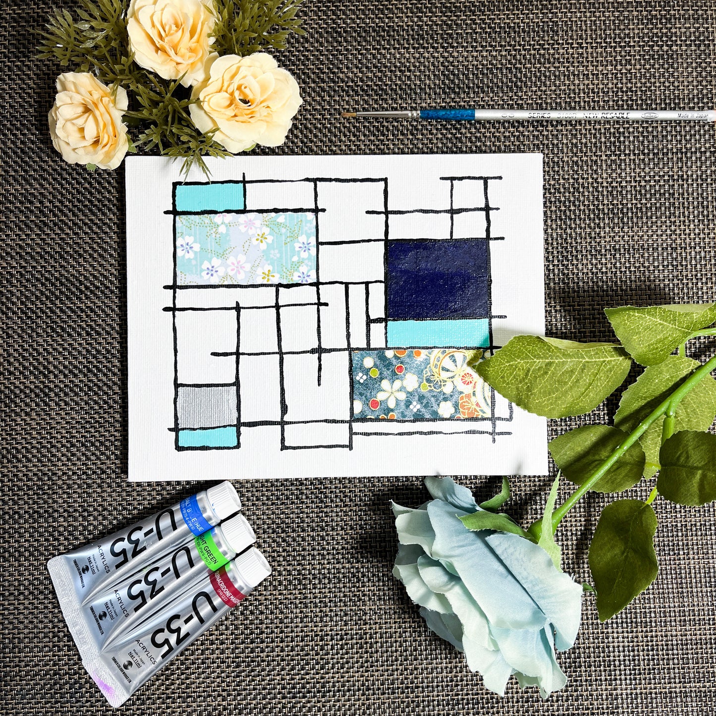 【注目の作品】邂逅 02 アクリル絵具と千代紙のコラージュ 0号 | Washi Collage 02 – Mondrian Touch [Free Shipping]