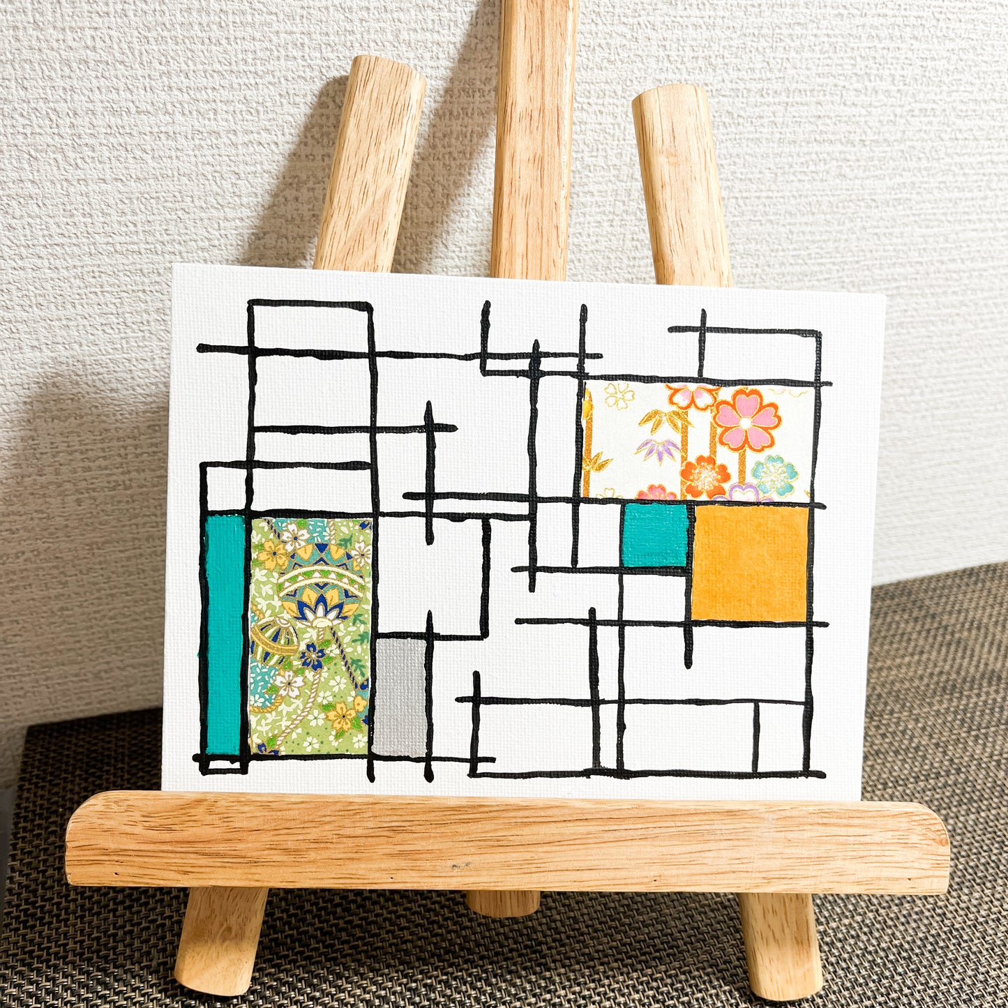 【注目の作品】邂逅 03 アクリル絵具と千代紙のコラージュ 0号 | Washi Collage 03 – Mondrian Touch [Free Shipping]