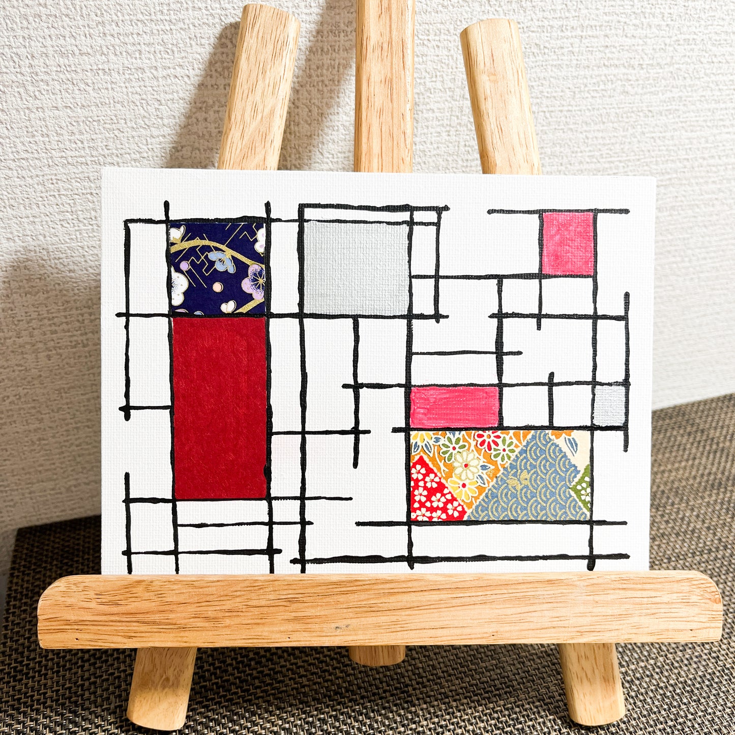 【注目の作品】邂逅 04 アクリル絵具と千代紙のコラージュ 0号 | Washi Collage 04 – Mondrian Touch [Free Shipping]