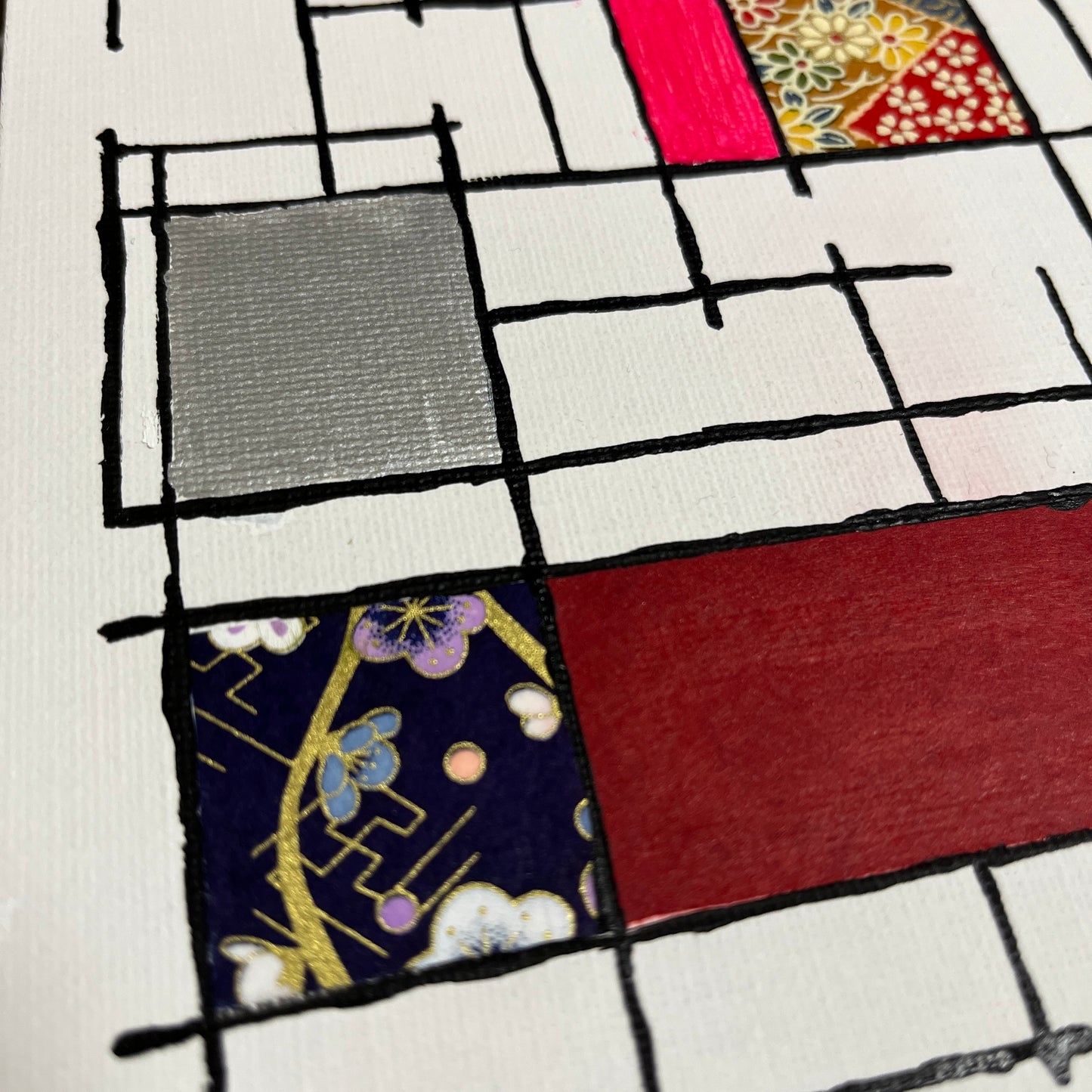 【注目の作品】邂逅 04 アクリル絵具と千代紙のコラージュ 0号 | Washi Collage 04 – Mondrian Touch [Free Shipping]