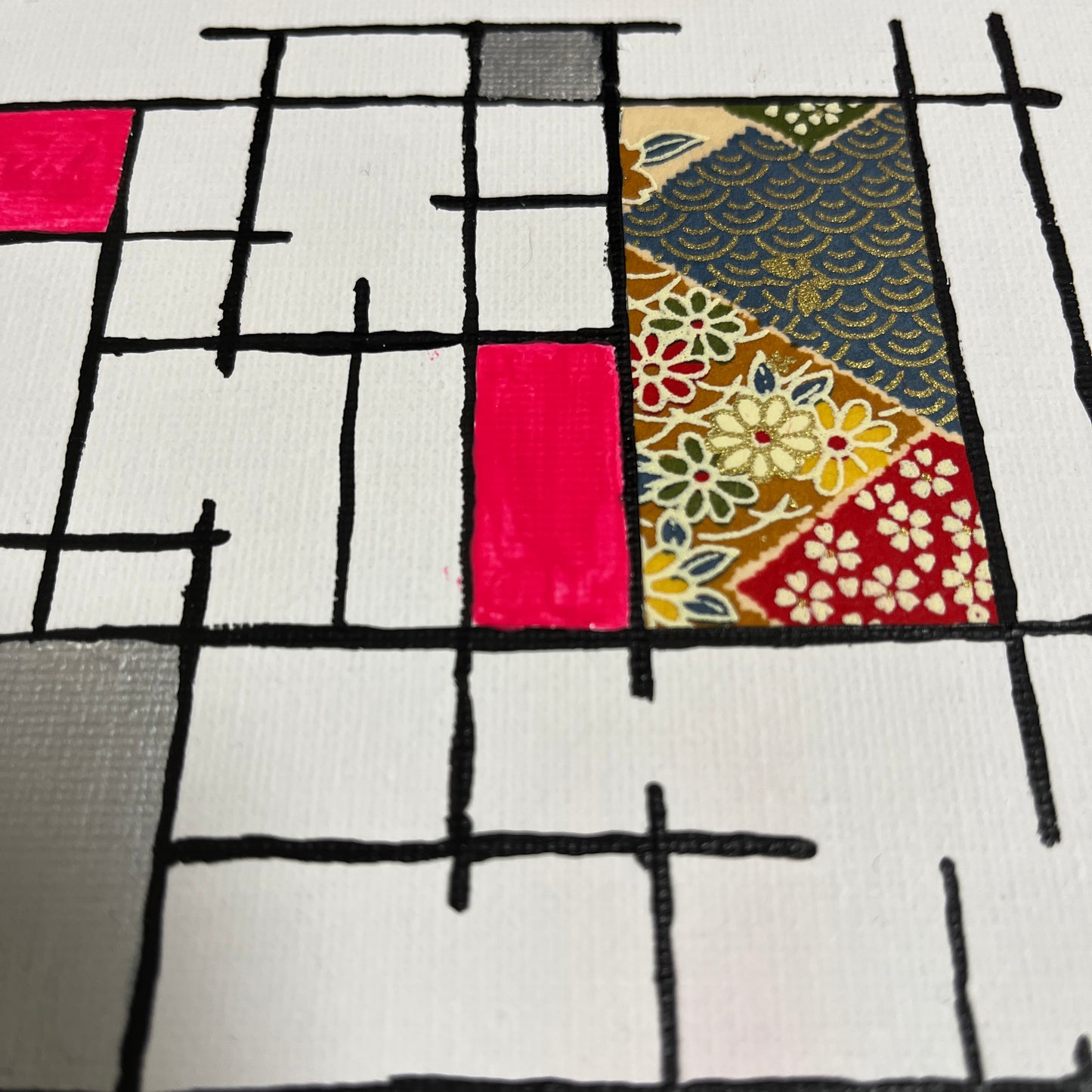【注目の作品】邂逅 04 アクリル絵具と千代紙のコラージュ 0号 | Washi Collage 04 – Mondrian Touch [Free Shipping]