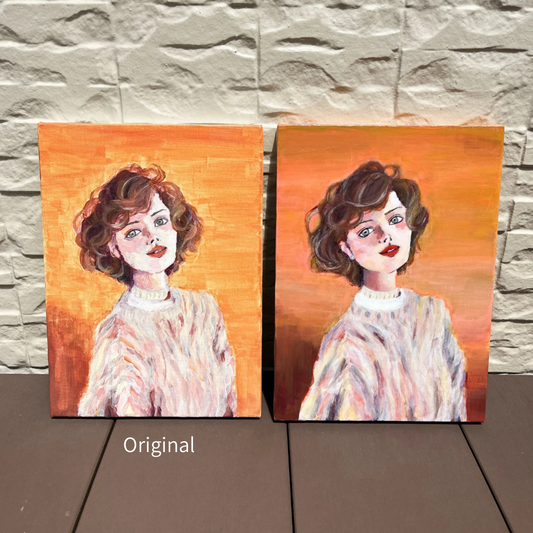 アクリル画 ニットを着た女性 肖像画（F4 加筆複製画）/ Woman in a Knit Sweater (Embellished Print)